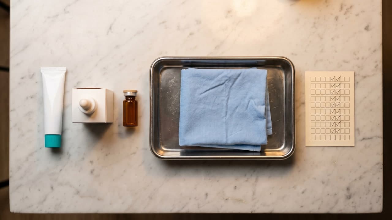 Composants du protocole post-greffe : clascotérone, minoxidil, PRP et calendrier de suivi disposés sur un bureau