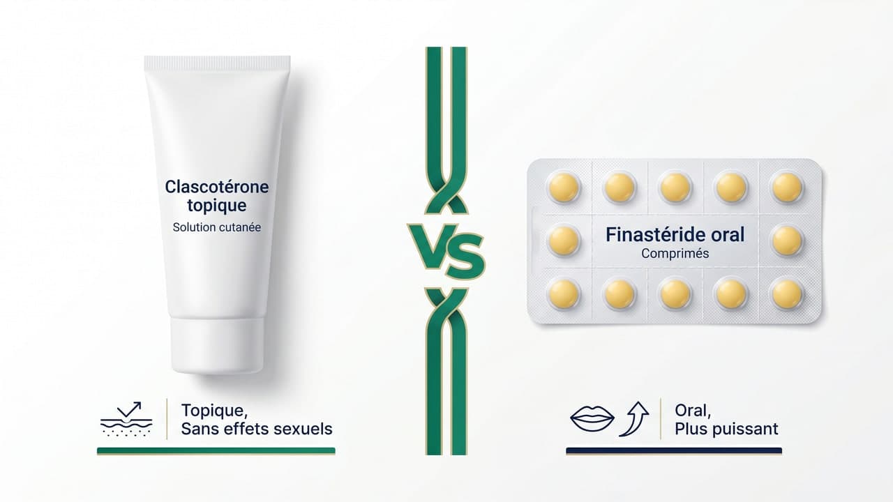 Comparaison visuelle entre clascotérone topique et finastéride oral
