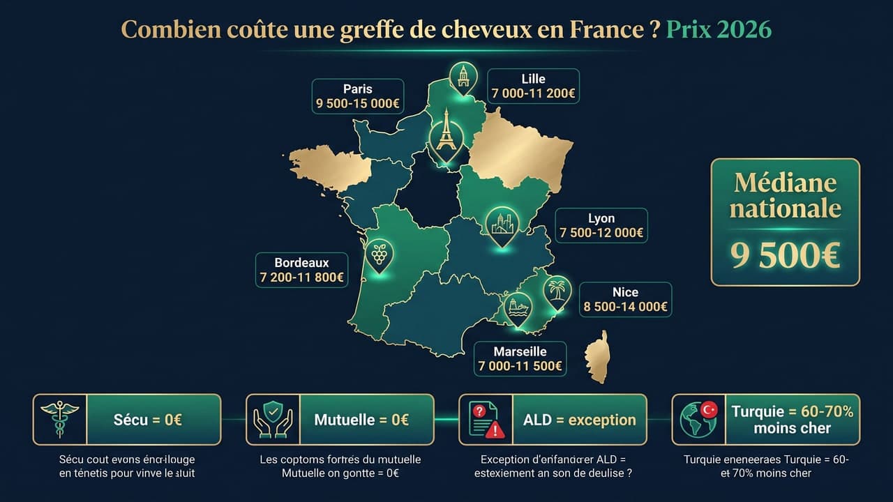 Carte de France avec tarifs greffe cheveux par ville en 2026 — Paris, Lyon, Marseille, Bordeaux, Lille — médiane nationale 9 500 €