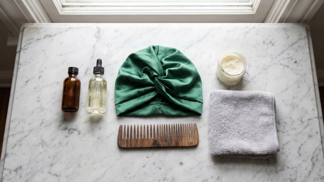 Routine d'entretien post-greffe pour cheveux crépus : huiles, turban satin, peigne en bois, beurre de karité
