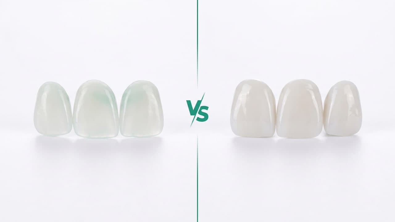 Comparaison visuelle entre facettes E.max translucides et couronnes zircone monolithique