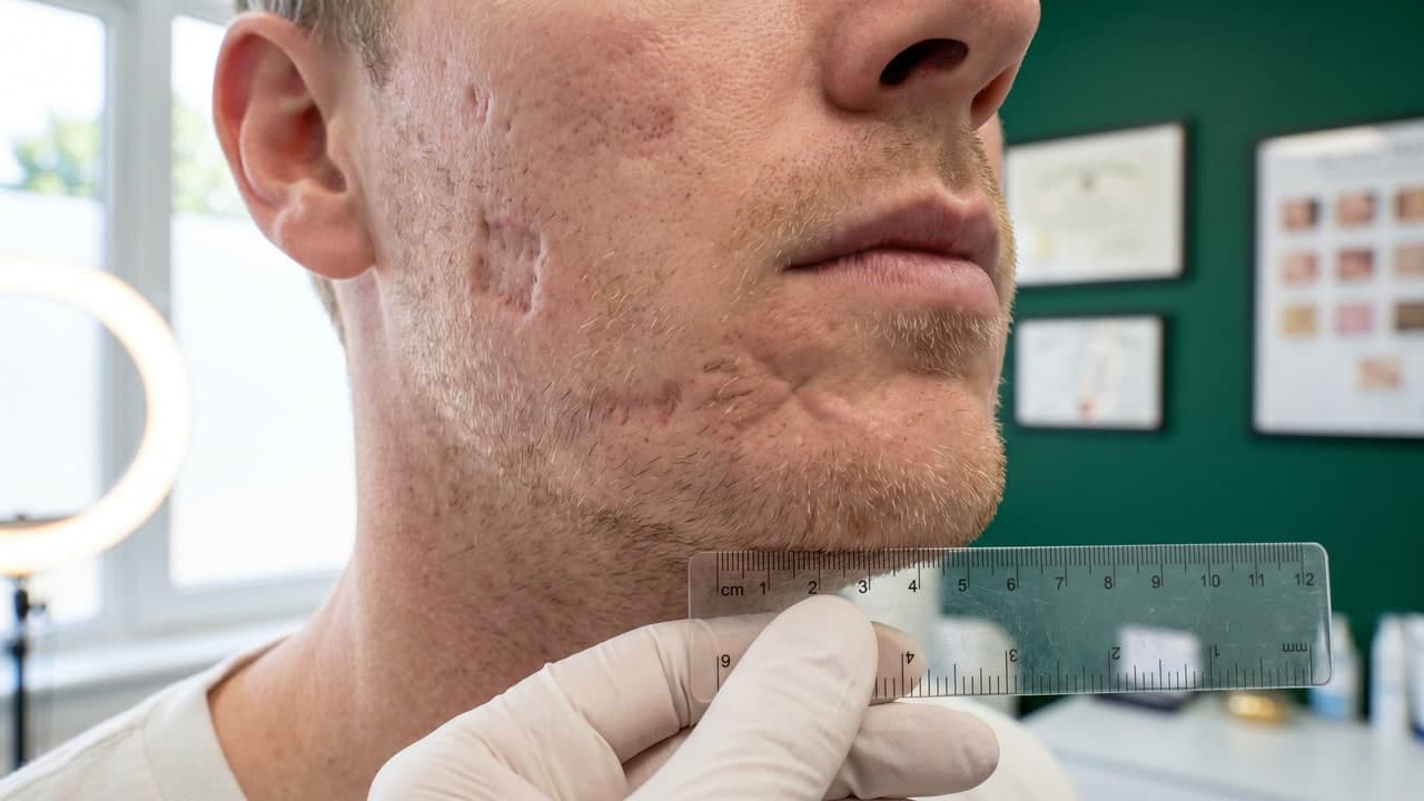 Cicatrices d'acné kystique sur jawline et menton — bilan pré-greffe Renaissance Clinique Istanbul