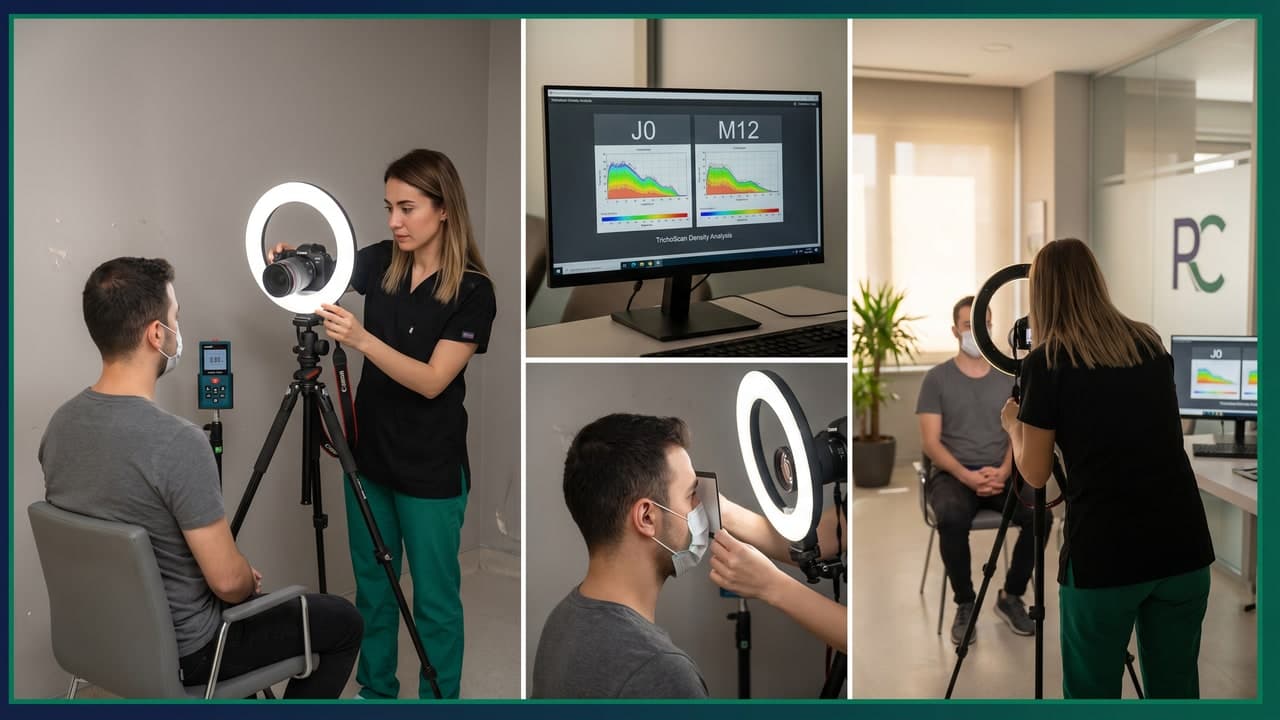 Protocole photo standardisée greffe de barbe Renaissance Clinique — 3 angles, éclairage 5500K, comparaison J0/M12
