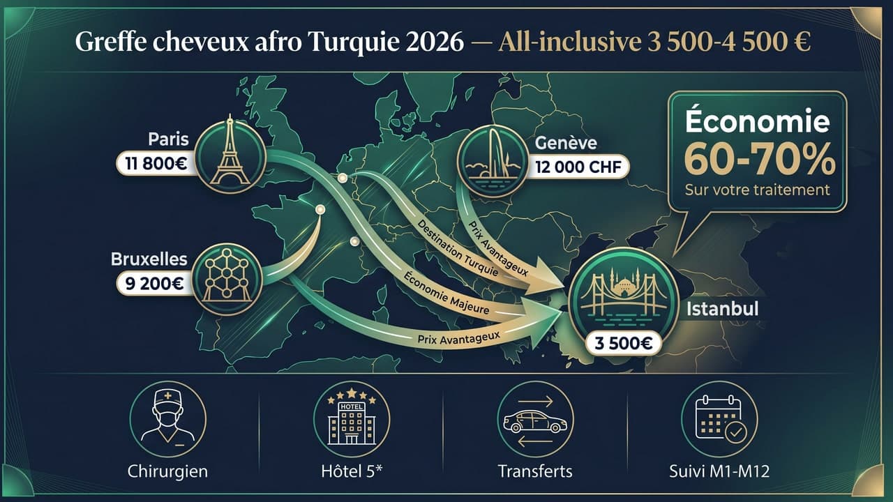Comparaison prix greffe cheveux afro entre Paris, Bruxelles, Genève et Istanbul — économie 60-70 % avec Renaissance Clinique