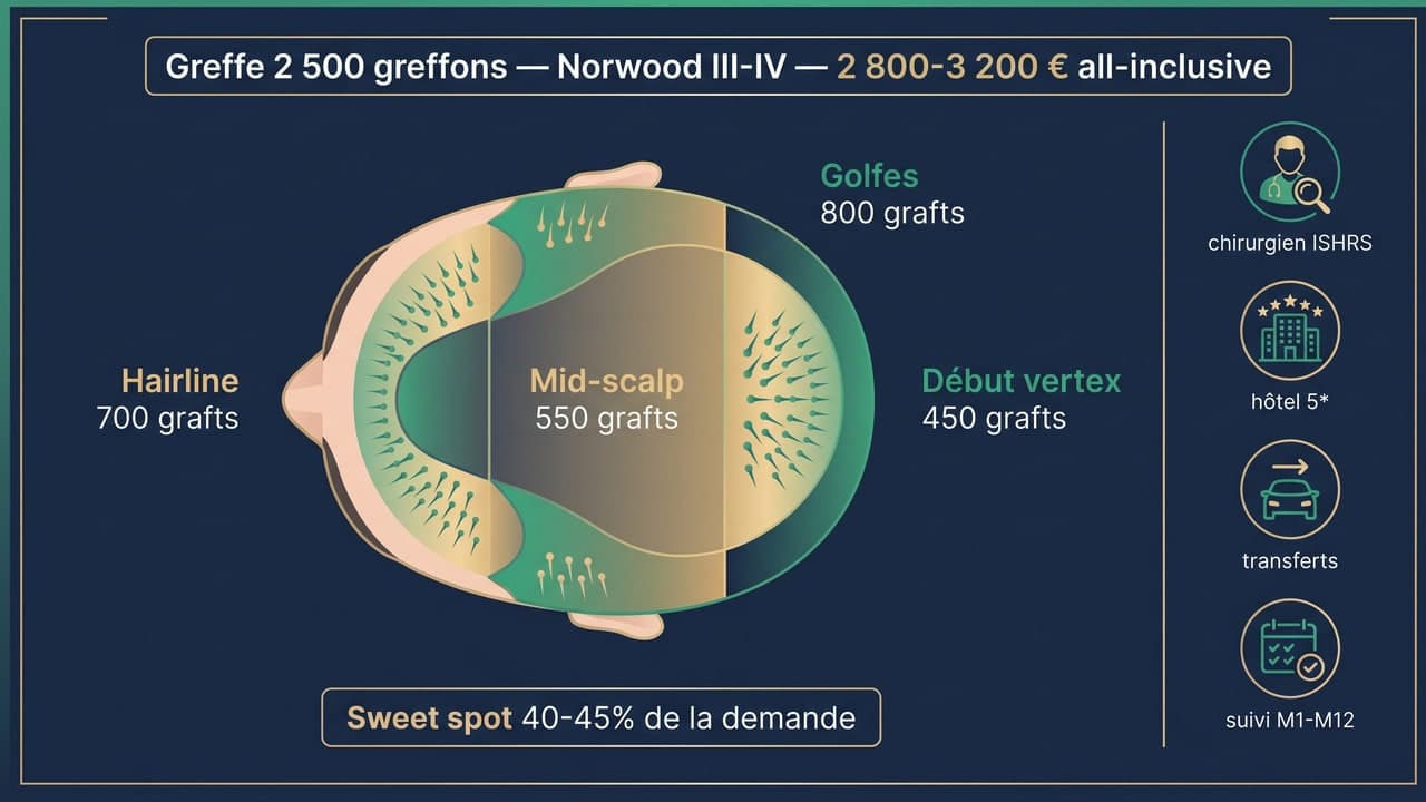 Carte de couverture greffe 2 500 greffons Norwood III-IV : ligne frontale, golfes, mid-scalp, début vertex — forfait Renaissance 2 800-3 200 €