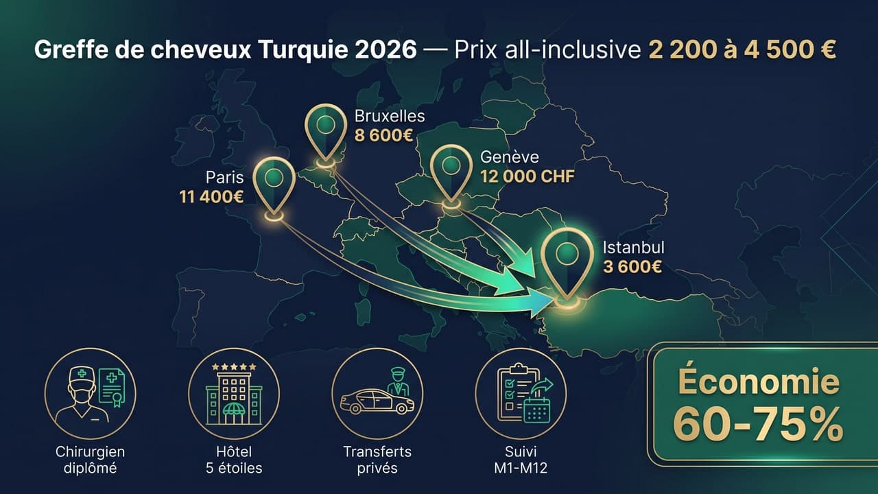 Comparaison prix greffe de cheveux entre Paris, Bruxelles, Genève et Istanbul — Renaissance Clinique 60-75 % moins cher avec forfait all-inclusive
