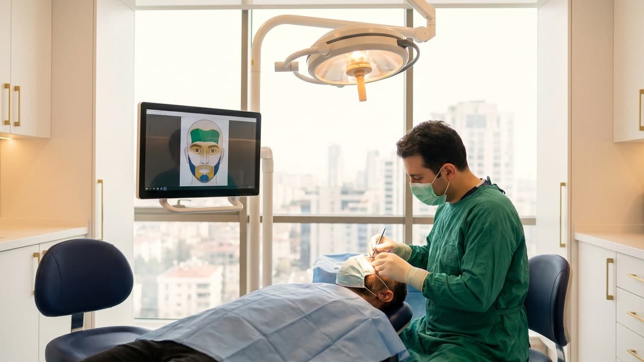 Salle de greffe de barbe Renaissance Clinique Istanbul — technique FUE Saphir mono-folliculaire, équipe francophone