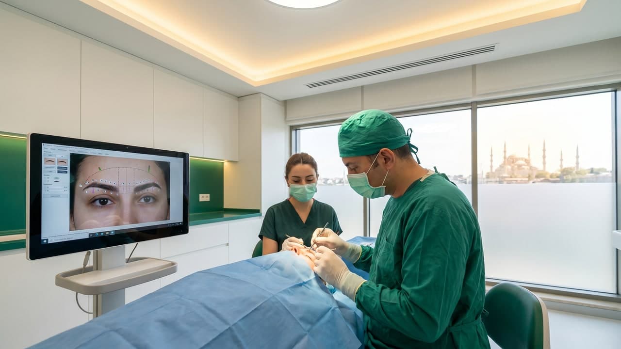 Salle de greffe de sourcils Renaissance Clinique Istanbul — technique FUE Saphir mono-folliculaire de précision