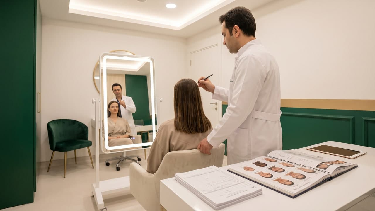 Design pré-opératoire greffe de sourcils femme Renaissance Clinique — tracé personnalisé sous miroir, validation patient