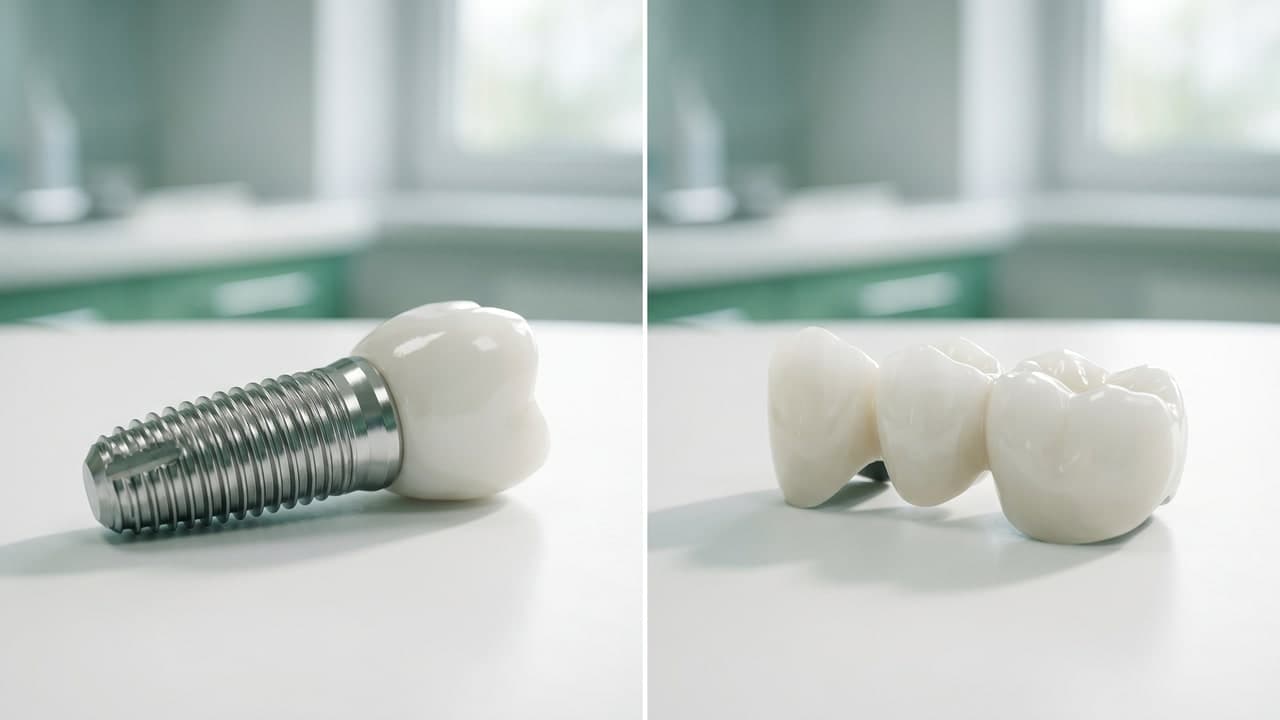 Comparaison visuelle entre un implant dentaire unitaire et un bridge dentaire 3 éléments