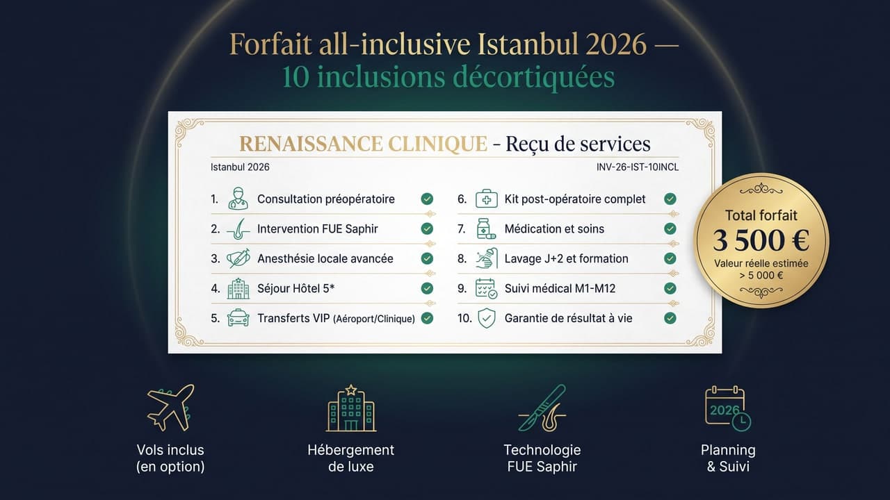 Décomposition visuelle des 10 inclusions du forfait all-inclusive Renaissance Clinique Istanbul 2026 — facture détaillée 3 500 €