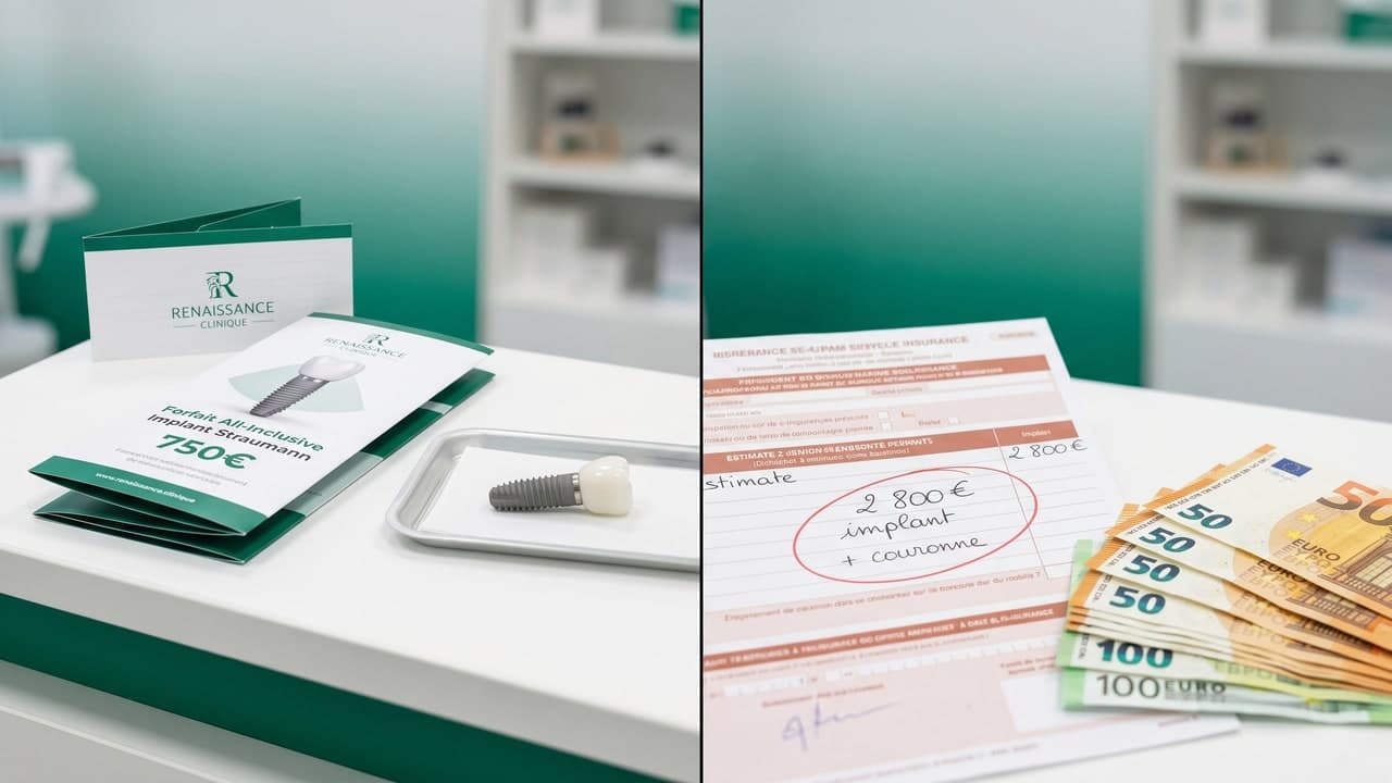Comparatif visuel des prix dentaires Turquie versus France 2026 — implant Renaissance vs facture cabinet français