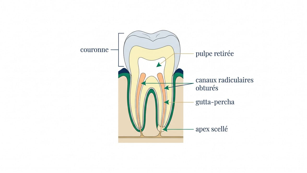 Coupe anatomique d'une molaire mandibulaire après traitement endodontique avec obturation tridimensionnelle des canaux