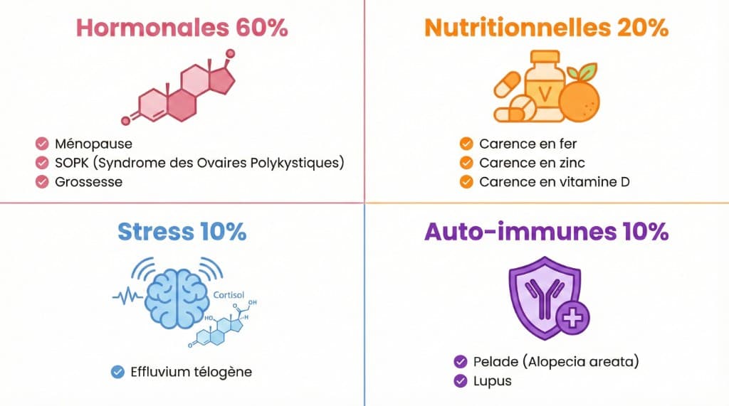 Causes de la calvitie féminine — Répartition hormonale, nutritionnelle, stress et auto-immune | Renaissance Clinique Infographie des 4 causes de la calvitie féminine avec répartition : hormonales 60 % (ménopause, SOPK, grossesse), nutritionnelles 20 % (carence en fer, zinc, vitamine D), stress 10 % (effluvium télogène, cortisol) et auto-immunes 10 % (pelade, lupus)