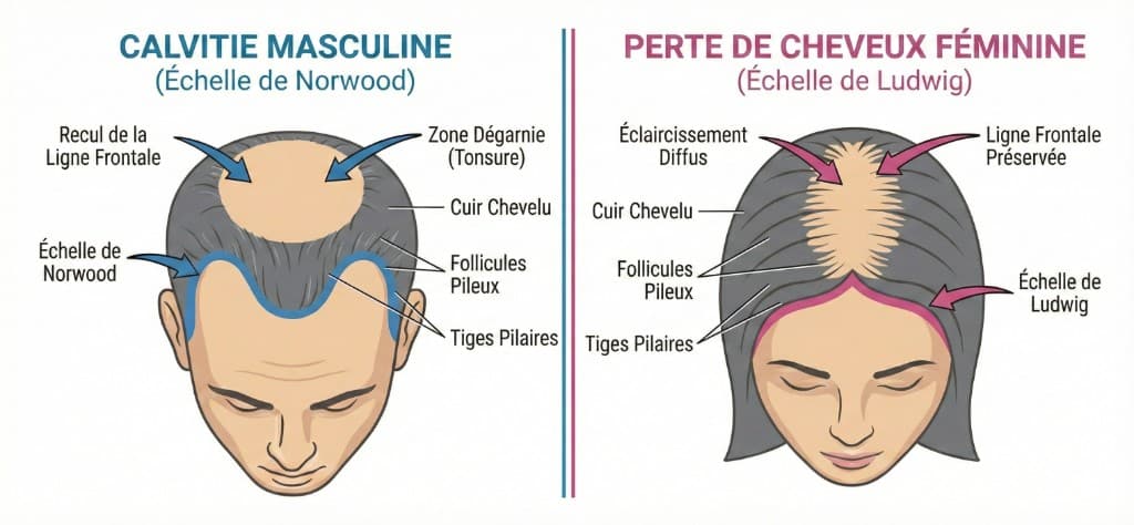 Calvitie masculine vs féminine : patterns de perte de cheveux — Échelle Norwood vs Ludwig | Renaissance Clinique Schéma comparatif de la calvitie masculine (échelle de Norwood, recul de la ligne frontale et zone dégarnie au vertex) et de la calvitie féminine (échelle de Ludwig, éclaircissement diffus de la raie médiane avec ligne frontale préservée) — follicules pileux, tiges pilaires et cuir chevelu annotés