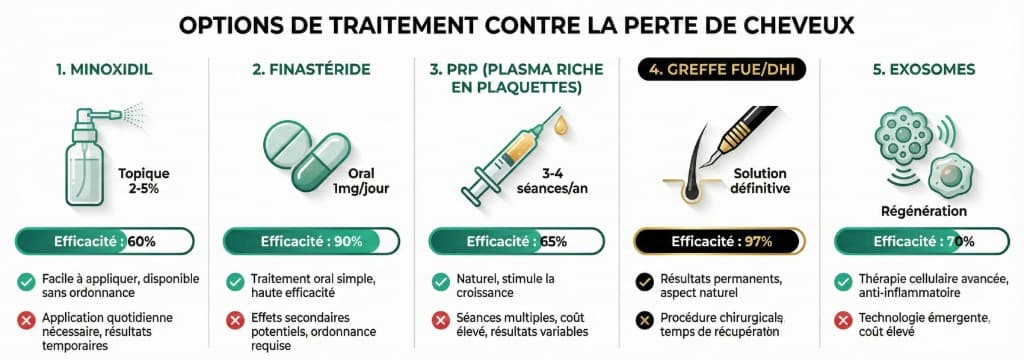 Options de traitement contre la perte de cheveux : minoxidil, finastéride, PRP, greffe FUE/Choi Pen et exosomes — Comparatif efficacité | Renaissance Clinique Comparatif des 5 options de traitement contre la perte de cheveux : 1. Minoxidil (topique 2-5%, efficacité 60%, facile à appliquer, application quotidienne nécessaire) — 2. Finastéride (oral 1mg/jour, efficacité 90%, haute efficacité, effets secondaires potentiels) — 3. PRP plasma riche en plaquettes (3-4 séances/an, efficacité 65%, naturel et stimule la croissance, coût élevé et résultats variables) — 4. Greffe FUE/Choi Pen (solution définitive, efficacité 97%, résultats permanents et naturels, procédure chirurgicale) — 5. Exosomes (régénération cellulaire, efficacité 70%, thérapie avancée anti-inflammatoire, technologie émergente)