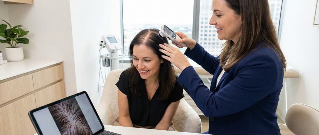 Diagnostic capillaire féminin par trichoscopie — Examen au dermatoscope numérique | Renaissance Clinique Consultation trichoscopique pour calvitie féminine : une spécialiste examine le cuir chevelu d'une patiente avec un dermatoscope numérique, image agrandie des follicules pileux affichée sur l'écran d'ordinateur dans un cabinet médical moderne