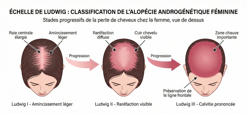 Échelle de Ludwig — Stades progressifs de la perte de cheveux chez la femme, vue de dessus | Renaissance Clinique Échelle de Ludwig : classification de l'alopécie androgénétique féminine en 3 stades progressifs — Ludwig I (raie centrale élargie, amincissement léger), Ludwig II (raréfaction diffuse, cuir chevelu visible) et Ludwig III (zone chauve importante, calvitie prononcée avec préservation de la ligne frontale)