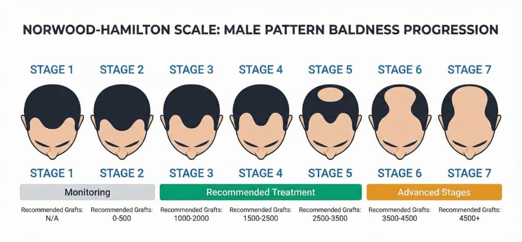 Échelle de Norwood-Hamilton — Les 7 stades de la calvitie androgénétique | Renaissance Clinique Infographie de l'échelle de Norwood-Hamilton : les 7 stades de la calvitie masculine, de la chevelure normale (stade 1) à la calvitie totale (stade 7), avec recommandations de greffons par stade