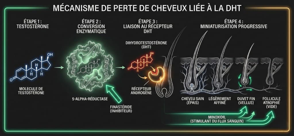 Mécanisme de perte de cheveux liée à la DHT : testostérone → 5-alpha-réductase → DHT → miniaturisation folliculaire | Renaissance Clinique Schéma médical du mécanisme de perte de cheveux liée à la DHT en 4 étapes : Étape 1 — molécule de testostérone (structure chimique), Étape 2 — conversion enzymatique par la 5-alpha-réductase (le finastéride inhibe cette étape), Étape 3 — liaison de la dihydrotestostérone (DHT) au récepteur androgénique du follicule pileux, Étape 4 — miniaturisation progressive montrant 4 stades : cheveu sain épais → légèrement affiné → duvet fin (vellus) → follicule atrophié vide. Le minoxidil stimule le flux sanguin au niveau du follicule.