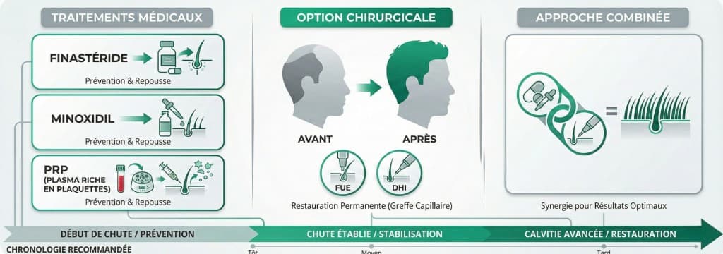 Options de Traitement de l'Alopécie Androgénétique : Médical, Chirurgical et Approche Combinée | Renaissance Clinique Infographie des options de traitement de la perte de cheveux : traitements médicaux (Finastéride, Minoxidil, PRP — prévention et repousse), option chirurgicale (greffe capillaire FUE et Choi Pen — restauration permanente avant/après) et approche combinée selon la chronologie recommandée (début de chute, chute établie, calvitie avancée)