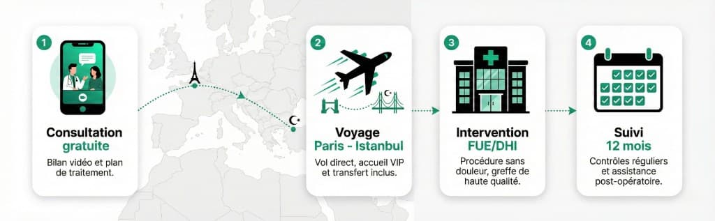 Parcours patient greffe de cheveux : de la consultation gratuite au suivi 12 mois — Paris vers Istanbul | Renaissance Clinique Infographie du parcours patient pour une greffe de cheveux en 4 étapes : Étape 1 — Consultation gratuite (bilan vidéo et plan de traitement via smartphone), Étape 2 — Voyage Paris-Istanbul (vol direct, accueil VIP et transfert inclus), Étape 3 — Intervention FUE/Choi Pen (procédure sans douleur, greffe de haute qualité en clinique), Étape 4 — Suivi 12 mois (contrôles réguliers et assistance post-opératoire). Carte de l'Europe en arrière-plan avec tracé du trajet Paris vers Istanbul.