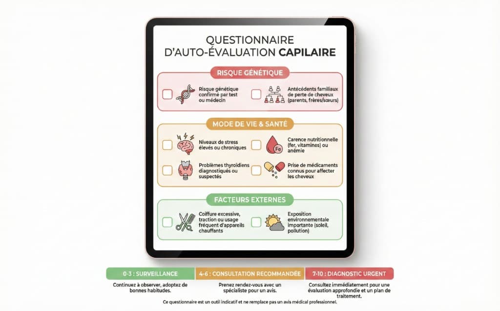 Questionnaire d'auto-évaluation capillaire : identifiez votre profil de chute de cheveux — Diagnostic perte de cheveux | Renaissance Clinique Questionnaire d'auto-évaluation capillaire affiché sur tablette, organisé en 3 catégories : Risque génétique (risque confirmé par test ou médecin, antécédents familiaux de perte de cheveux chez parents/frères/sœurs), Mode de vie et santé (niveaux de stress élevés ou chroniques, carence nutritionnelle en fer/vitamines ou anémie, problèmes thyroïdiens diagnostiqués ou suspectés, prise de médicaments connus pour affecter les cheveux), Facteurs externes (coiffure excessive/traction ou usage fréquent d'appareils chauffants, exposition environnementale importante au soleil et à la pollution). Barème de résultats : 0-3 = surveillance, 4-6 = consultation recommandée, 7-10 = diagnostic urgent.