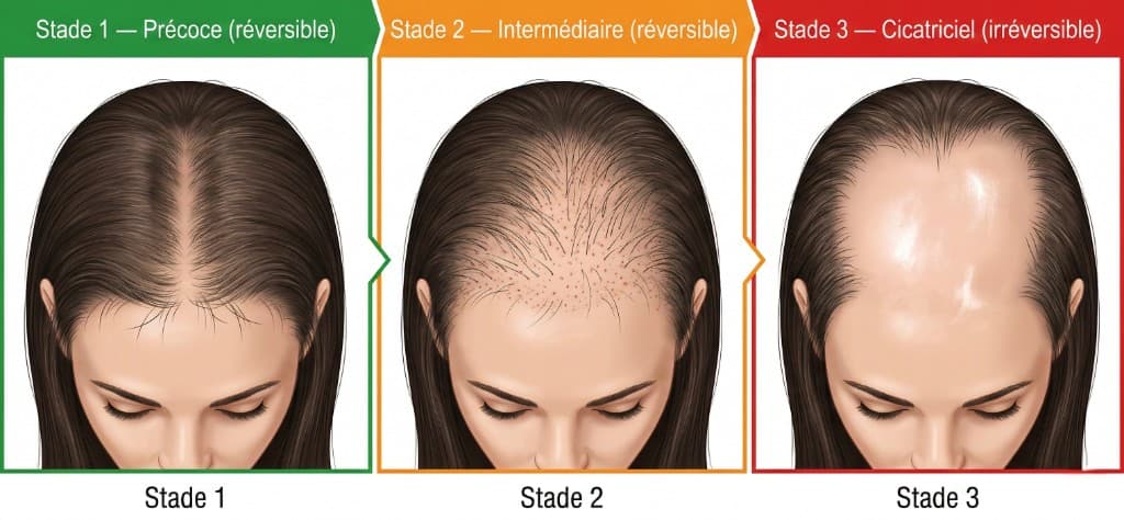 Les 3 stades de l'alopécie de traction — Progression de réversible à cicatriciel irréversible | Renaissance Clinique Comparaison visuelle des 3 stades de progression de l'alopécie de traction vue du dessus : Stade 1 précoce (réversible) avec amincissement léger de la ligne frontale, Stade 2 intermédiaire (réversible) avec recul visible et zones clairsemées marquées, Stade 3 cicatriciel (irréversible) avec perte permanente et cuir chevelu lisse sans follicules