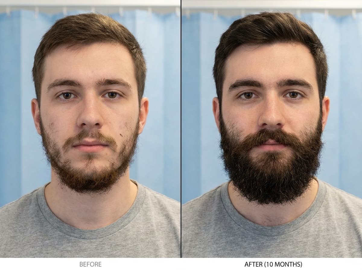 Résultats greffe de barbe avant après — Timeline J0 à M12 | Renaissance Clinique Résultats avant et après d'une greffe de barbe à Istanbul montrant la transformation progressive de J0 à M12 avec technique DHI