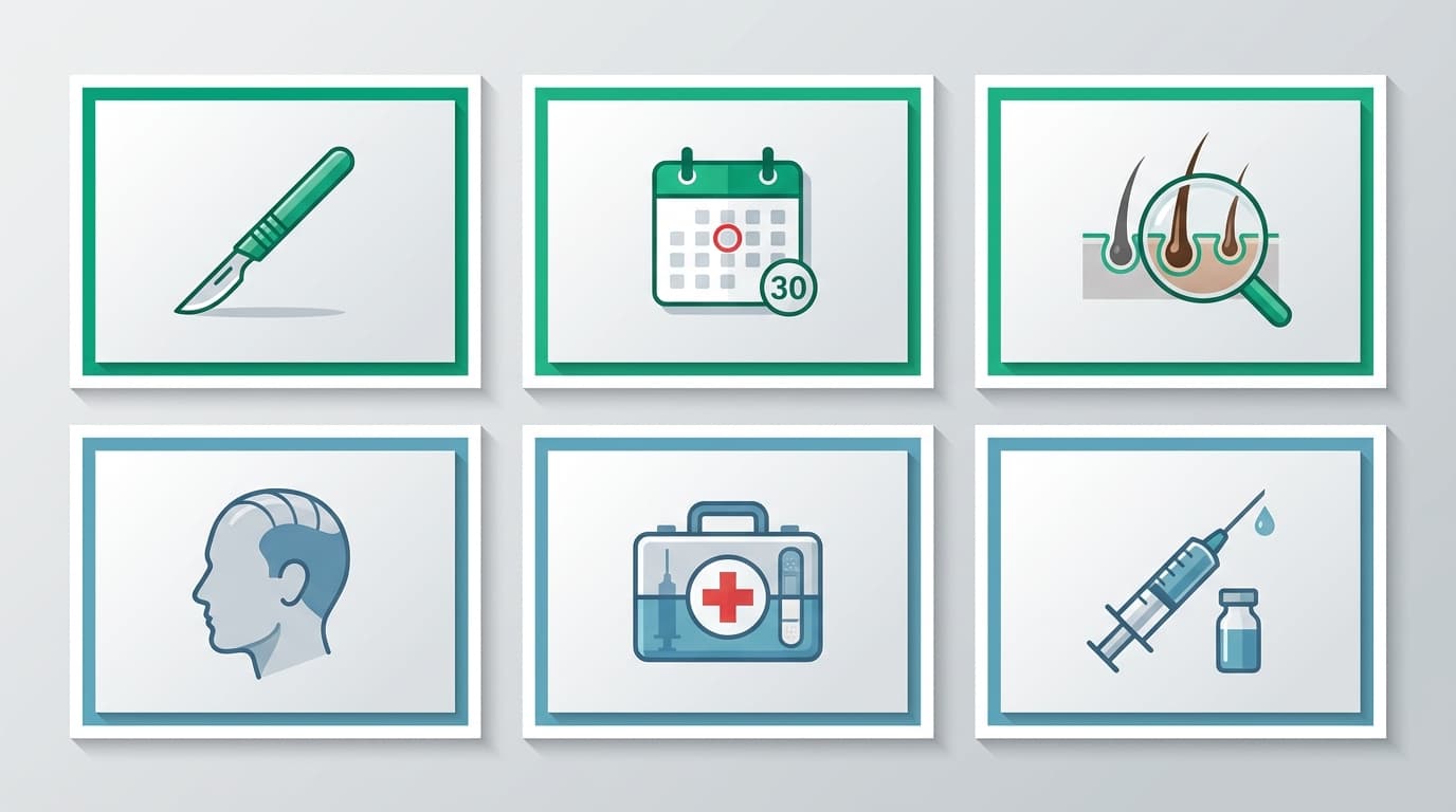 Facteurs influençant les résultats de greffe de cheveux — Infographie | Renaissance Clinique Infographie des 6 facteurs principaux influençant les résultats d'une greffe de cheveux : technique, âge, zone donneuse, stade Norwood, soins post-op et PRP