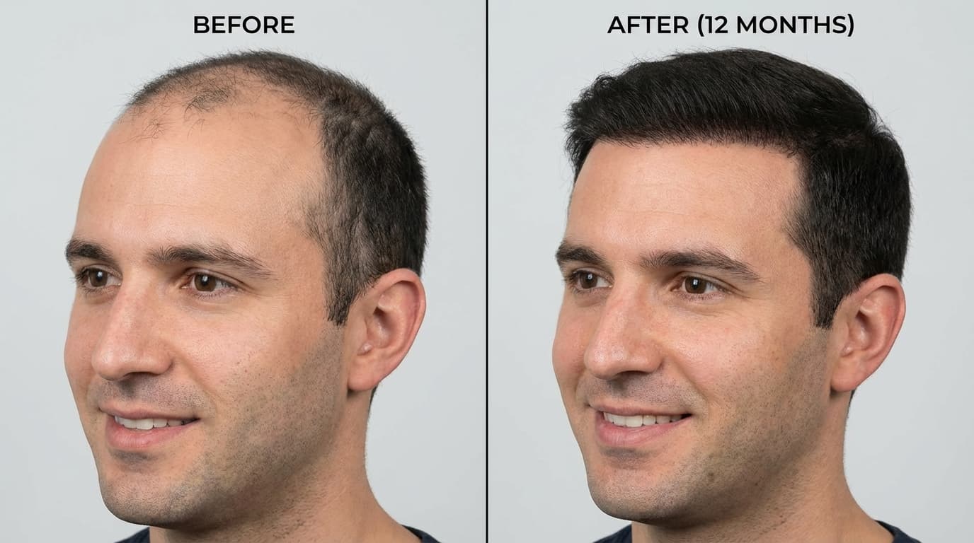 Greffe de Cheveux Avant Après — Transformation réelle J0 à M12 | Renaissance Clinique Résultat avant et après d'une greffe de cheveux à Istanbul montrant la transformation complète du patient entre J0 et M12 avec technique FUE Saphir