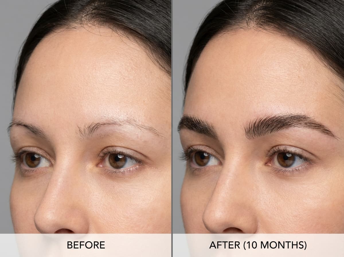 Résultats greffe de sourcils avant après — Timeline M0 à M10 | Renaissance Clinique Résultats avant et après d'une greffe de sourcils à Istanbul montrant la reconstruction complète des sourcils clairsemés en 10 mois
