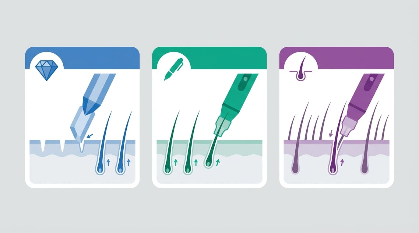 Résultats par technique de greffe de cheveux — Comparaison FUE vs DHI | Renaissance Clinique Comparaison visuelle des résultats de greffe de cheveux par technique : FUE Saphir, DHI et DHI sans rasage avec timeline de repousse