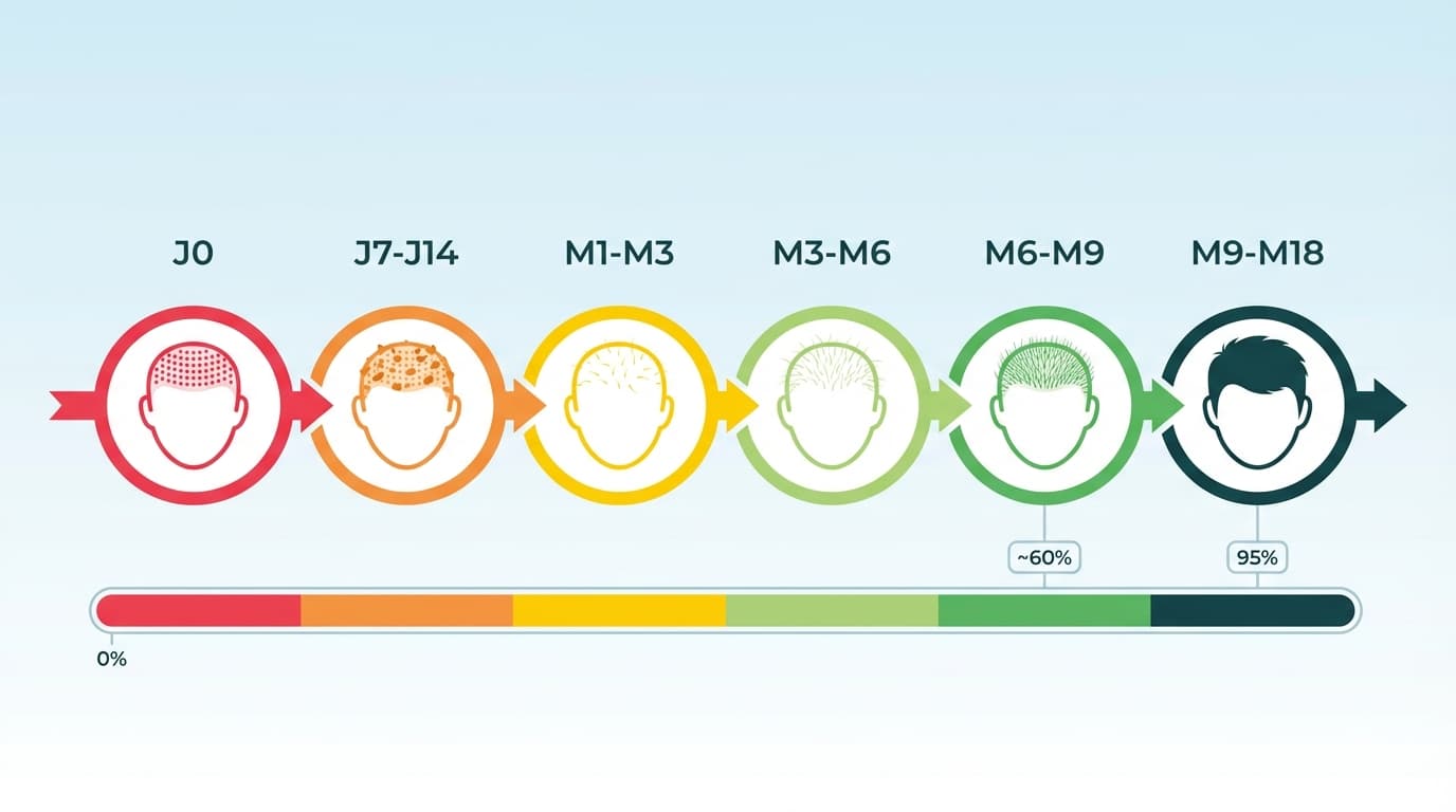 Timeline des résultats greffe de cheveux J0 à M18 — Infographie médicale | Renaissance Clinique Infographie de la timeline complète des résultats de greffe de cheveux de J0 à M18 montrant les 6 phases : cicatrisation, shock loss, repousse, densification et résultat final