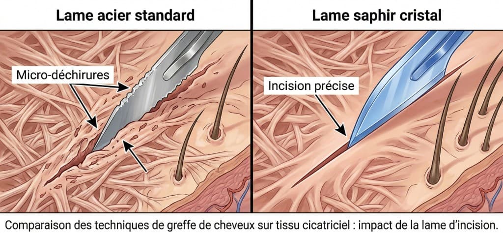 Lame acier standard vs lame saphir cristal pour greffe sur cicatrice — Comparaison des micro-incisions | Renaissance Clinique Illustration médicale comparative : lame acier standard (gauche) créant des micro-déchirures dans le tissu cicatriciel fibreux lors d'une greffe capillaire — lame saphir cristal (droite) réalisant une incision précise et nette dans le même tissu, réduisant les traumatismes de 30 % et accélérant la cicatrisation de 40 % pour une greffe de cheveux sur cicatrice