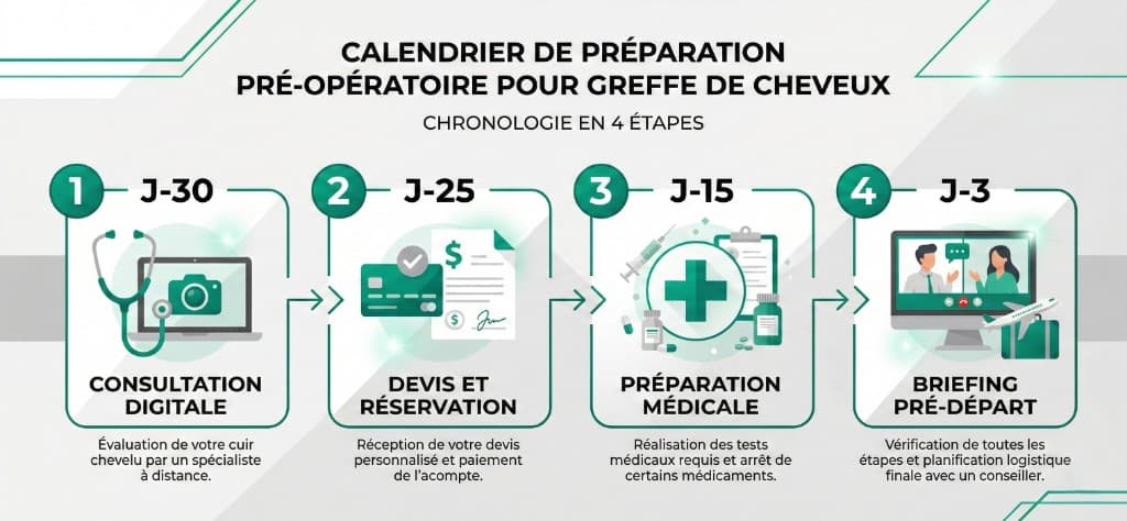 Calendrier de Préparation Pré-Opératoire en 4 Étapes — Greffe de Cheveux Istanbul | Renaissance Clinique Infographie du calendrier de préparation pré-opératoire pour greffe de cheveux en 4 étapes : étape 1 consultation digitale à J-30 (évaluation du cuir chevelu à distance), étape 2 devis et réservation à J-25 (devis personnalisé et acompte), étape 3 préparation médicale à J-15 (tests médicaux et arrêt de certains médicaments), étape 4 briefing pré-départ à J-3 (vérification logistique finale avec un conseiller)