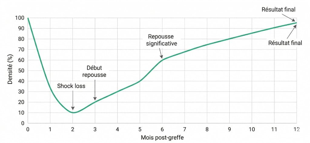 Chronologie de la Repousse après Greffe de Cheveux — Densité Mois 0 à 12 | Renaissance Clinique Courbe d'évolution de la densité capillaire après greffe de cheveux du mois 0 au mois 12 : densité initiale à 100 %, chute brutale lors du shock loss au mois 2 (environ 10 %), début de repousse au mois 3, repousse significative atteignant 60 % au mois 6, puis progression régulière jusqu'au résultat final de 95 % au mois 12 — axe X : mois post-greffe, axe Y : densité en pourcentage