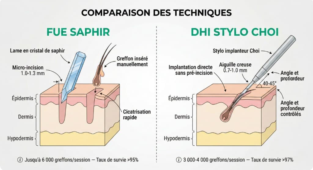 Comparaison FUE Saphir vs Choi Pen Stylo Choi — Coupe Anatomique du Cuir Chevelu | Renaissance Clinique Schéma comparatif des techniques de greffe capillaire FUE Saphir et Choi Pen Stylo Choi en coupe transversale du cuir chevelu : à gauche, la technique FUE Saphir avec lame en cristal de saphir réalisant une micro-incision de 1,0-1,3 mm dans l'épiderme, le derme et l'hypoderme, greffon inséré manuellement avec cicatrisation rapide (jusqu'à 6 000 greffons/session, taux de survie >95 %) ; à droite, la technique Choi Pen avec stylo implanteur Choi à aiguille creuse de 0,7-1,0 mm pénétrant à un angle de 40-45° pour implantation directe sans pré-incision (3 000-4 000 greffons/session, taux de survie >97 %)
