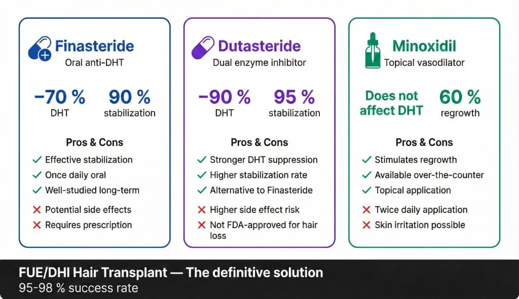 Comparaison Finastéride vs Dutastéride vs Minoxidil : efficacité, avantages et inconvénients + greffe FUE/Choi Pen | Renaissance Clinique Infographie comparative des trois traitements médicaux contre la chute de cheveux : colonne 1 (bleu) Finasteride — oral anti-DHT, −70 % DHT, 90 % stabilisation, avantages (stabilisation efficace, 1 prise orale par jour, études long terme) et inconvénients (effets secondaires potentiels, ordonnance requise) ; colonne 2 (violet) Dutasteride — inhibiteur double enzyme, −90 % DHT, 95 % stabilisation, avantages (suppression DHT plus forte, taux de stabilisation supérieur, alternative au finastéride) et inconvénients (risque accru d'effets secondaires, non approuvé FDA pour la calvitie) ; colonne 3 (vert) Minoxidil — vasodilatateur topique, n'affecte pas la DHT, 60 % repousse, avantages (stimule la repousse, sans ordonnance, application topique) et inconvénients (application 2 fois par jour, irritation cutanée possible). Bandeau inférieur sombre : Greffe FUE/Choi Pen — la solution définitive — 95-98 % taux de réussite