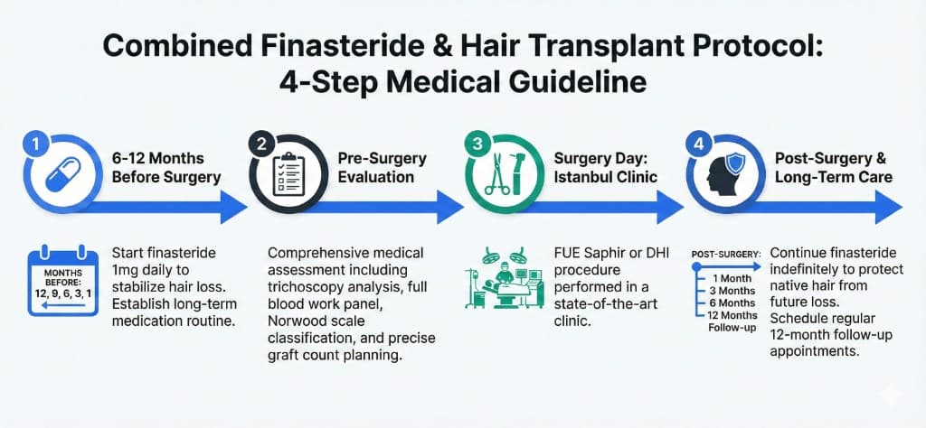 Protocole combiné finastéride + greffe de cheveux FUE/Choi Pen : guide médical en 4 étapes — De la préparation au suivi post-opératoire | Renaissance Clinique Protocole médical combiné finastéride et greffe capillaire en 4 étapes : étape 1 (6-12 mois avant la chirurgie, icône comprimé bleu) — commencer le finastéride 1 mg par jour pour stabiliser la chute, établir une routine médicamenteuse à long terme, calendrier décompte 12, 9, 6, 3, 1 mois ; étape 2 (évaluation pré-chirurgicale, icône clipboard médecin) — bilan médical complet incluant trichoscopie, bilan sanguin, classification Norwood et planification précise du nombre de greffons ; étape 3 (jour de la chirurgie à Istanbul, icône instruments chirurgicaux) — intervention FUE Saphir ou Choi Pen réalisée dans une clinique de pointe ; étape 4 (post-chirurgie et soins à long terme, icône bouclier protection) — continuer le finastéride indéfiniment pour protéger les cheveux natifs, suivi régulier à 1, 3, 6 et 12 mois