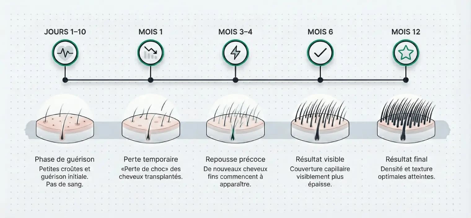 Chronologie des résultats de greffe de cheveux mois par mois — Renaissance Clinique Infographie chronologie des résultats de greffe de cheveux : phase de guérison (jours 1-10), perte de choc (mois 1), repousse précoce (mois 3-4), résultat visible (mois 6) et résultat final dense (mois 12) chez Renaissance Clinique Istanbul.