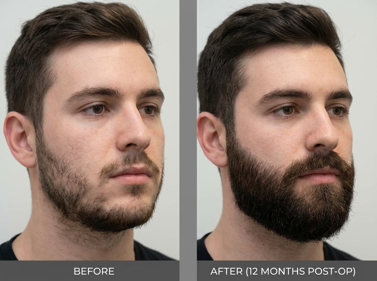 Résultat avant/après greffe de barbe — Transformation à 12 mois | Renaissance Clinique Avant/après greffe de barbe à Istanbul : résultat à 12 mois montrant la transformation d'une barbe clairsemée vers une barbe complète et dense