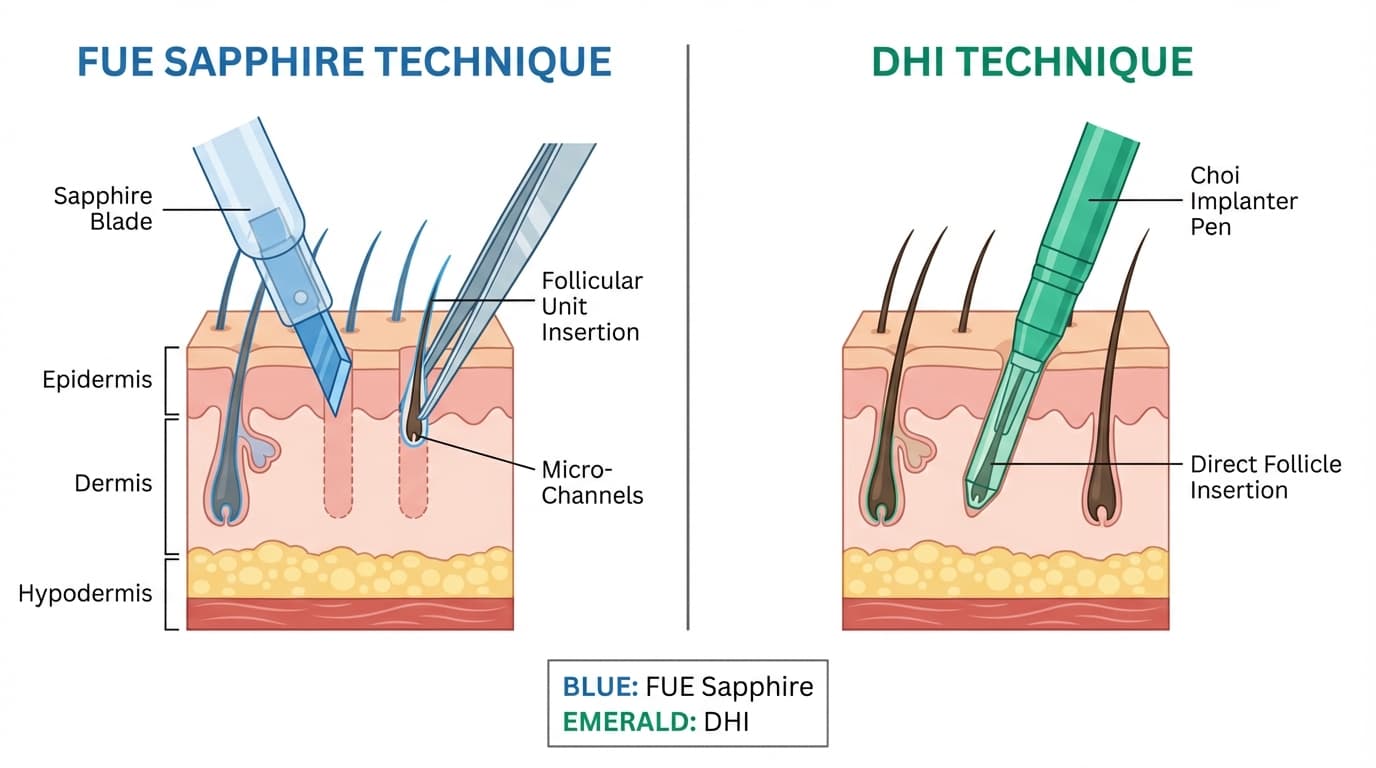 FUE Saphir vs DHI pour la greffe de barbe — Comparaison des techniques | Renaissance Clinique Comparaison visuelle des techniques FUE Saphir et DHI pour la greffe de barbe : lame saphir vs stylo implanteur Choi, angles d'implantation et tailles d'incision