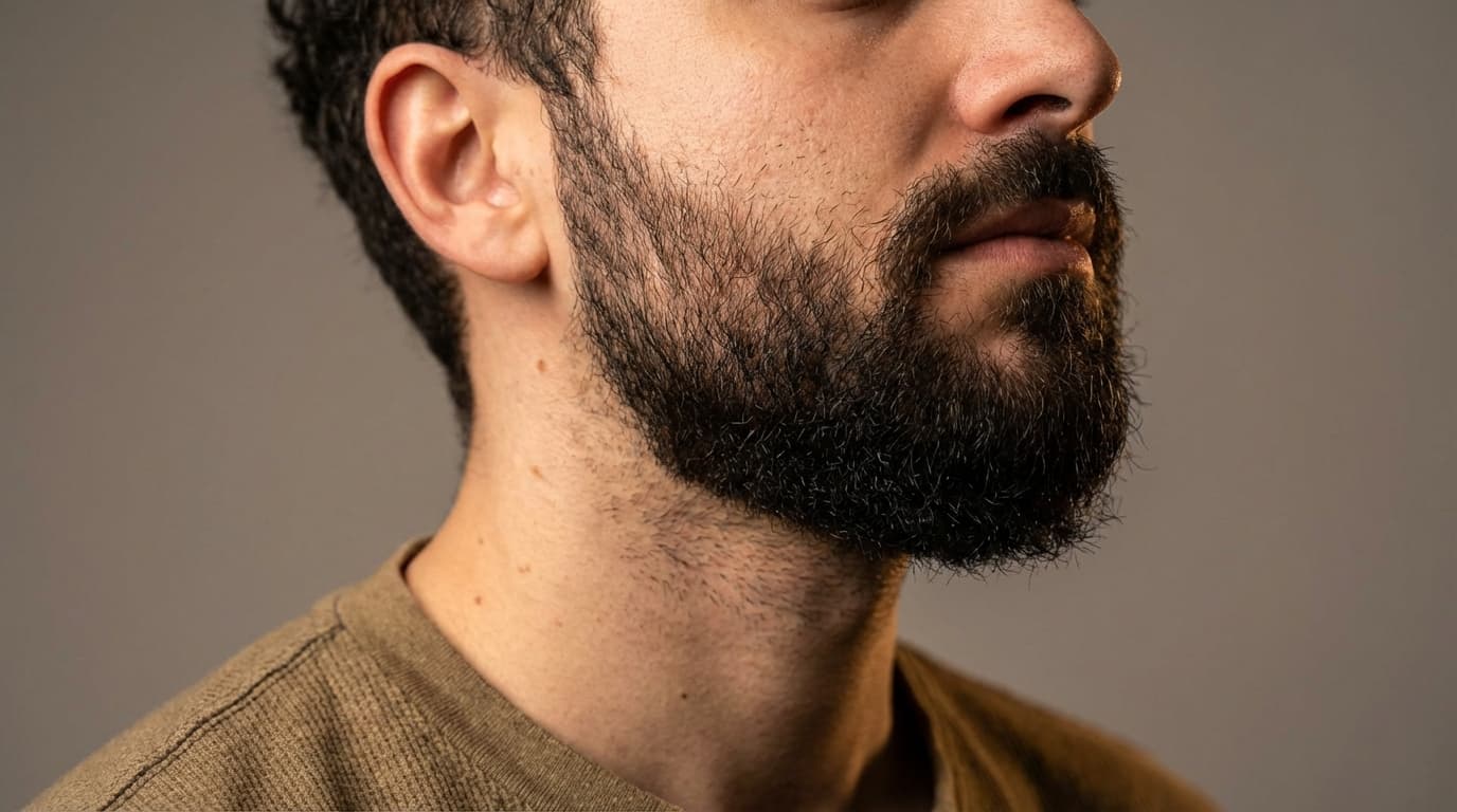 Résultat de greffe de barbe en Turquie — Barbe complète et naturelle | Renaissance Clinique Résultat de greffe de barbe complète à Istanbul montrant une barbe dense et naturelle sur les joues, le menton et la moustache après implantation FUE Saphir