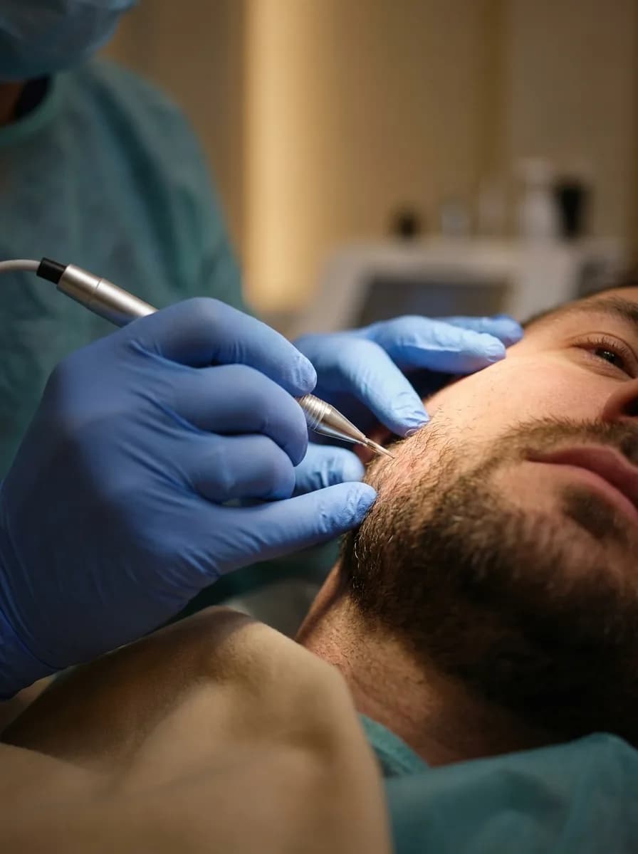 Greffe de barbe FUE Saphir — incisions de précision le long de la mâchoire