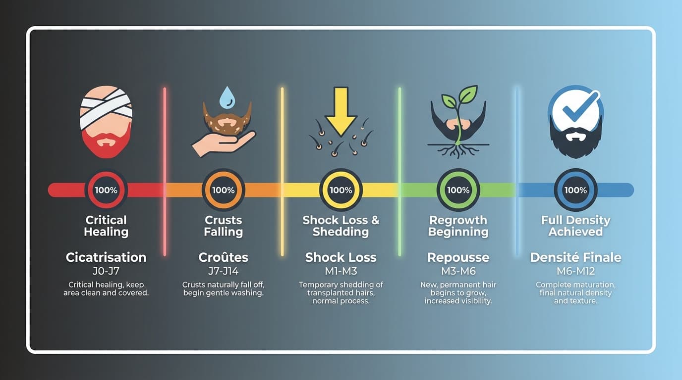 Timeline de repousse après greffe de barbe — Du shock loss au résultat final | Renaissance Clinique Timeline de repousse après greffe de barbe sur 14 mois : rougeurs semaine 1-2, shock loss mois 1-3, repousse mois 3-6, densification mois 6-9, résultat final mois 10-14