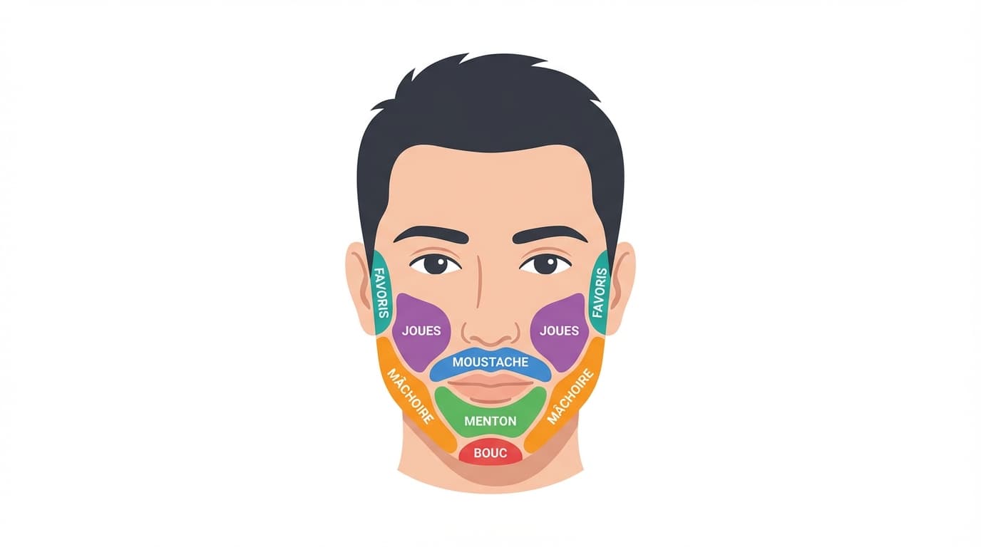 Nombre de greffons par zone de barbe — Infographie médicale | Renaissance Clinique Infographie des zones de greffe de barbe avec nombre de greffons par zone : joues 800-1 500, moustache 300-700, menton et bouc 500-1 000, favoris 200-400, barbe complète 2 500-3 500