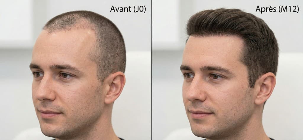Avant/Après Greffe de Cheveux FUE Saphir à 12 Mois — Résultat Final | Renaissance Clinique Résultat avant/après greffe de cheveux FUE Saphir à 12 mois : à gauche (Avant J0) ligne frontale dégarnie avec cuir chevelu visible et alopécie Norwood 3-4, à droite (Après M12) ligne frontale dense et naturelle avec couverture complète et cheveux épais coiffés