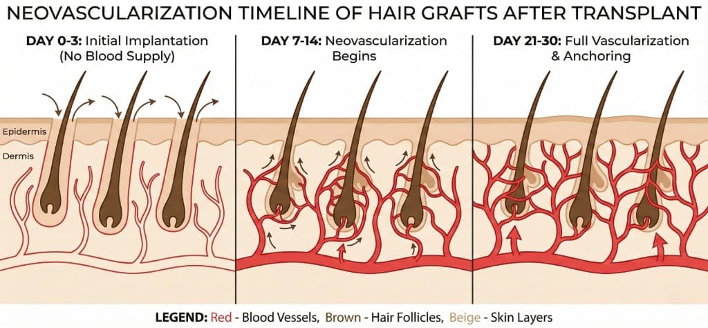 Néovascularisation des greffons capillaires — Chronologie J0 à J30 après greffe FUE Saphir ou Choi Pen | Renaissance Clinique Schéma médical de la chronologie de néovascularisation des greffons capillaires après greffe : J0-J3 implantation initiale sans vascularisation, J7-J14 début de formation de nouveaux capillaires autour des follicules, J21-J30 ancrage complet avec vascularisation totale des greffons