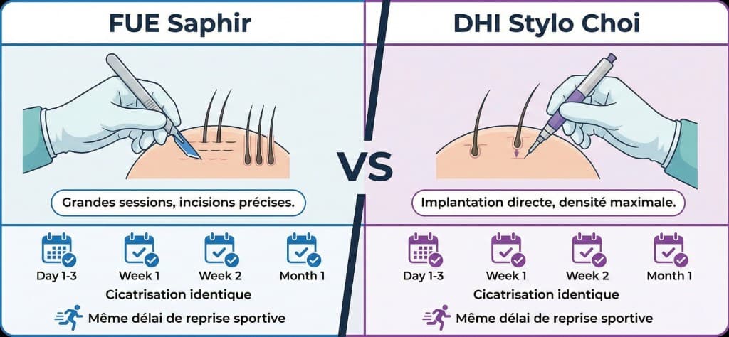 Comparaison FUE Saphir vs Choi Pen Stylo Choi pour sportifs — Cicatrisation et reprise sportive identiques | Renaissance Clinique Comparaison visuelle FUE Saphir vs Choi Pen Stylo Choi pour sportifs : à gauche la technique FUE Saphir (lame saphir, grandes sessions, incisions précises), à droite la technique Choi Pen (stylo Choi, implantation directe, densité maximale) — cicatrisation identique (J1-3, semaine 1, semaine 2, mois 1) et même délai de reprise sportive